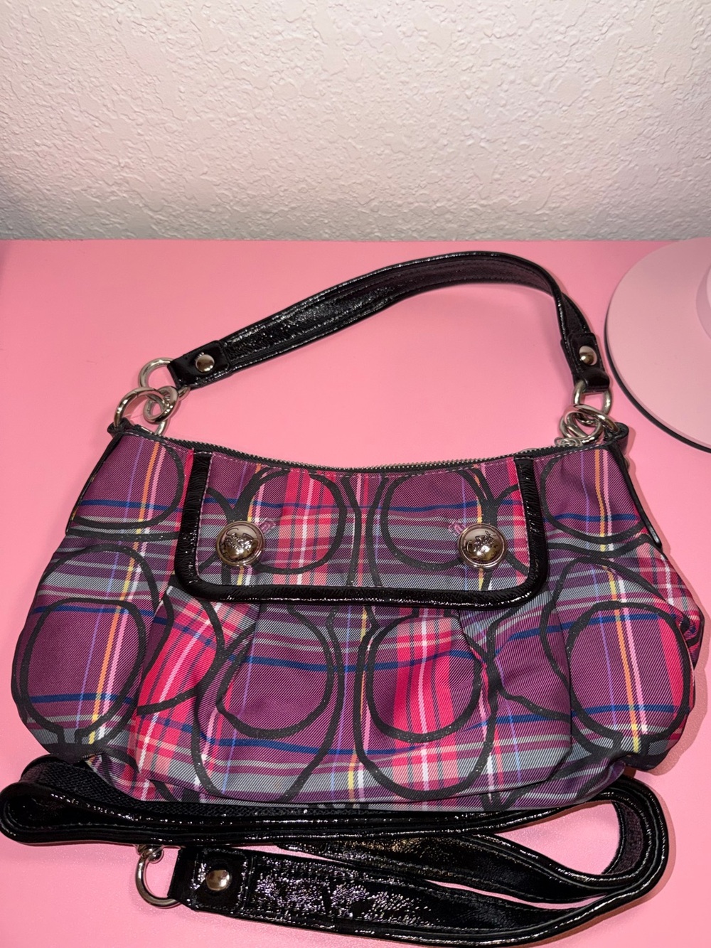 Coach Poppy Women's Pink & Purple Plaid Shoulder Bag